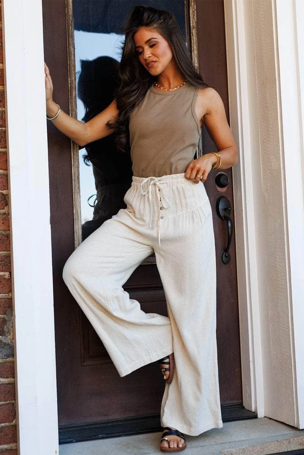 Jet Stream Drawstring Elastic Waist Button Pleated Detail Wide Leg Pants 78979c4f2ece5b13