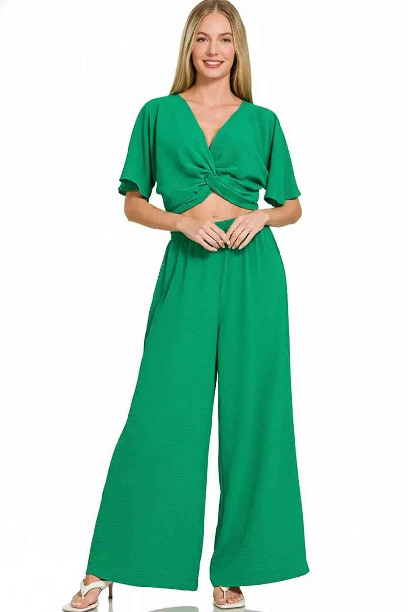 Zenana Woven Airflow Twisted Top & Wide Leg Pants Set 7898ca9a-9b35-4afe-bf3b-63bf2c475714-Max-Origin