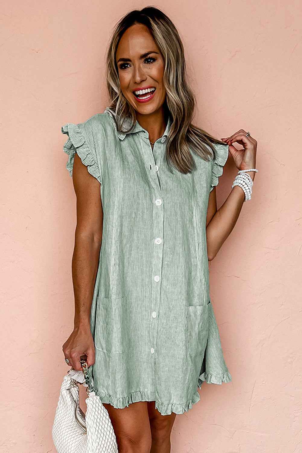 Green Stripe Frill Trim Pocket Button Up Mini Dress 789b5992c7df59f4