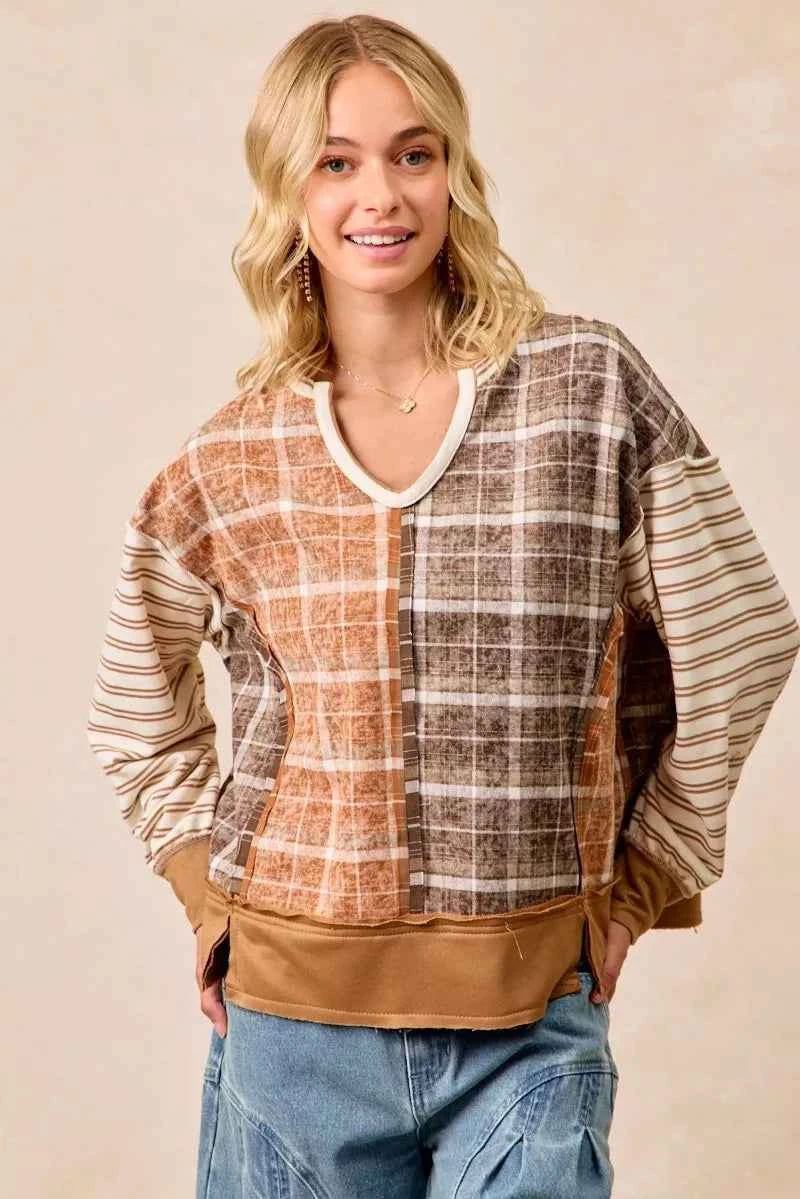 BiBi Plaid And Stripe Mix And Match Top With Open Seam RUST DK MOCHA 78a5f8c9fd8546f18911c724d204dc81-Max-Origin