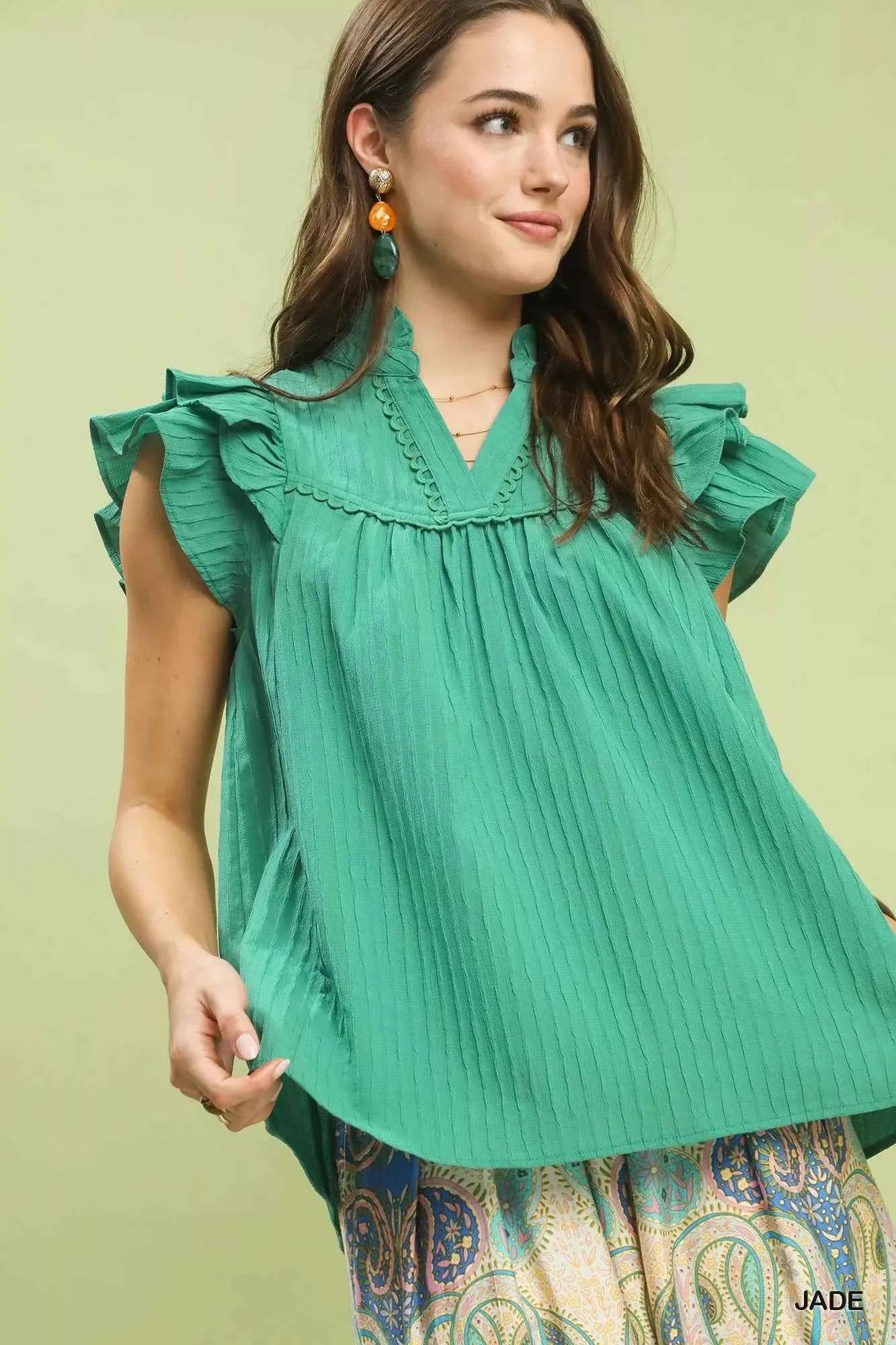 Umgee Ruffle Sleeve Textured Babydoll Blouse JADE 78af8ffb-671d-416c-b601-143be755ce3a-Max-Origin