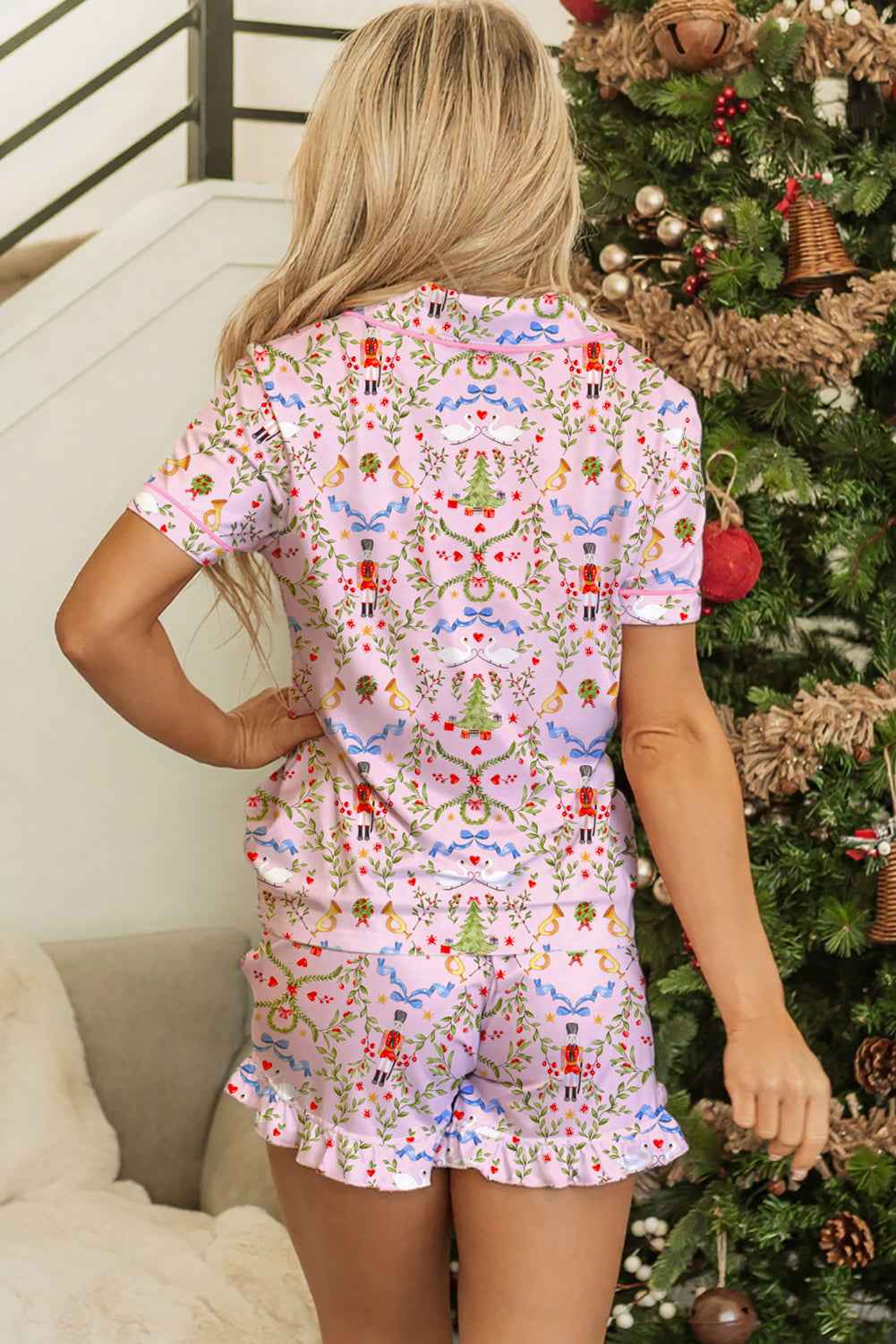 Pink Christmas Print Short Sleeve Shirt and Pajama Set 78b3e0cc46ed1274