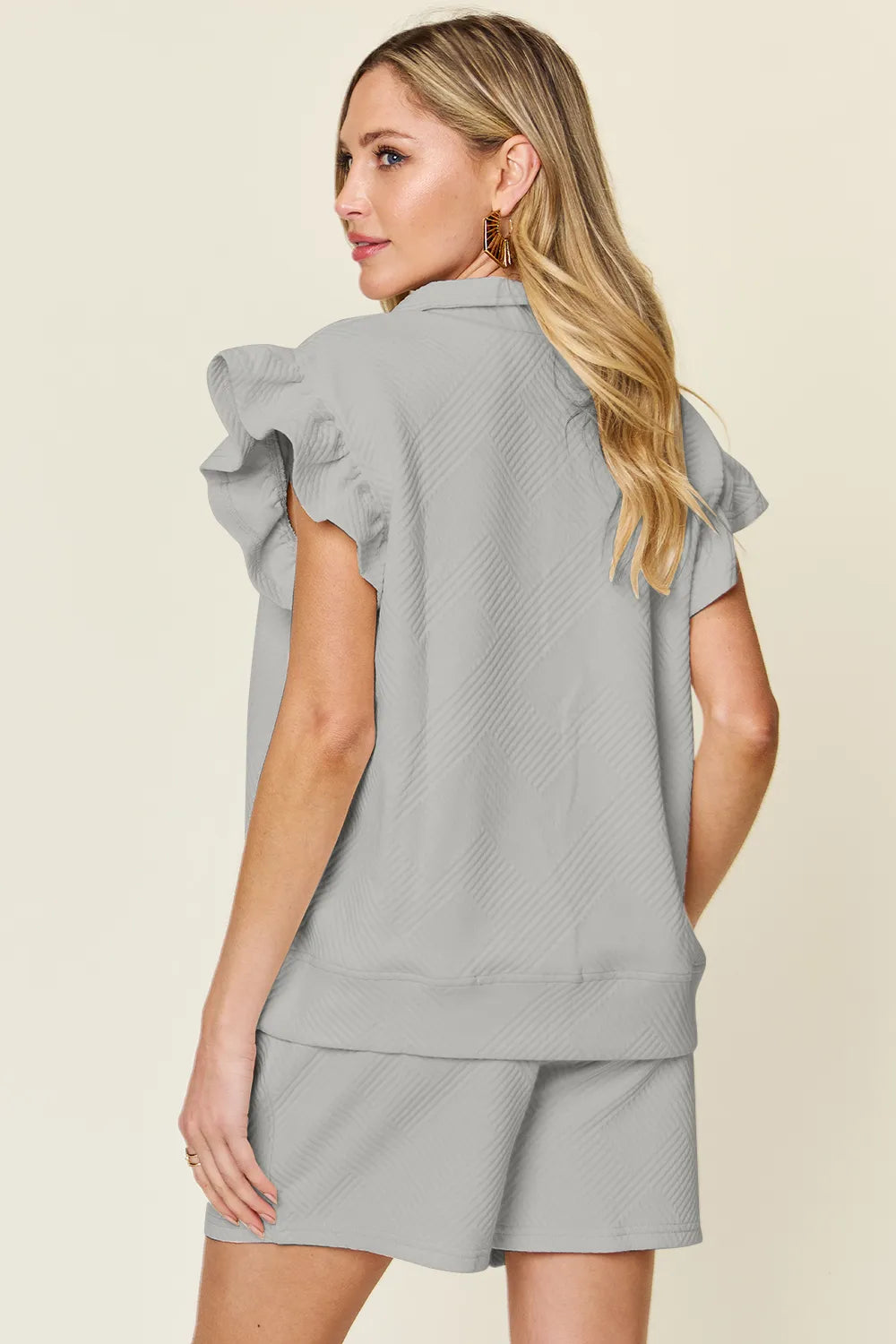 Double Take Full Size Texture Flounce Sleeve Top and Drawstring Shorts Set 78b7619e-30b4-405e-a75b-bccafe2ff4e9-Max