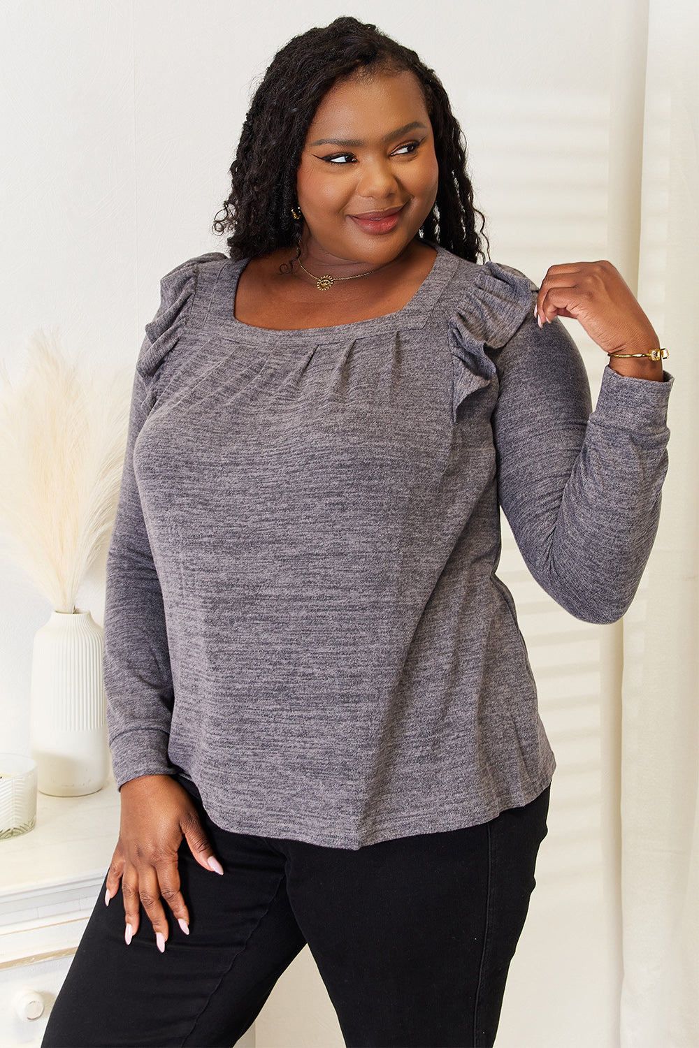 Double Take Square Neck Ruffle Shoulder Long Sleeve T-Shirt 78b8aa0c3fff47ada38b7b5c15150921-Max
