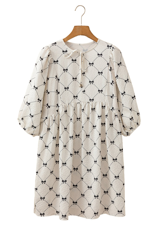 White Sweet Bow Print Lantern Sleeve Mini Dress White 100%Polyester 78c52bfe7298aac1