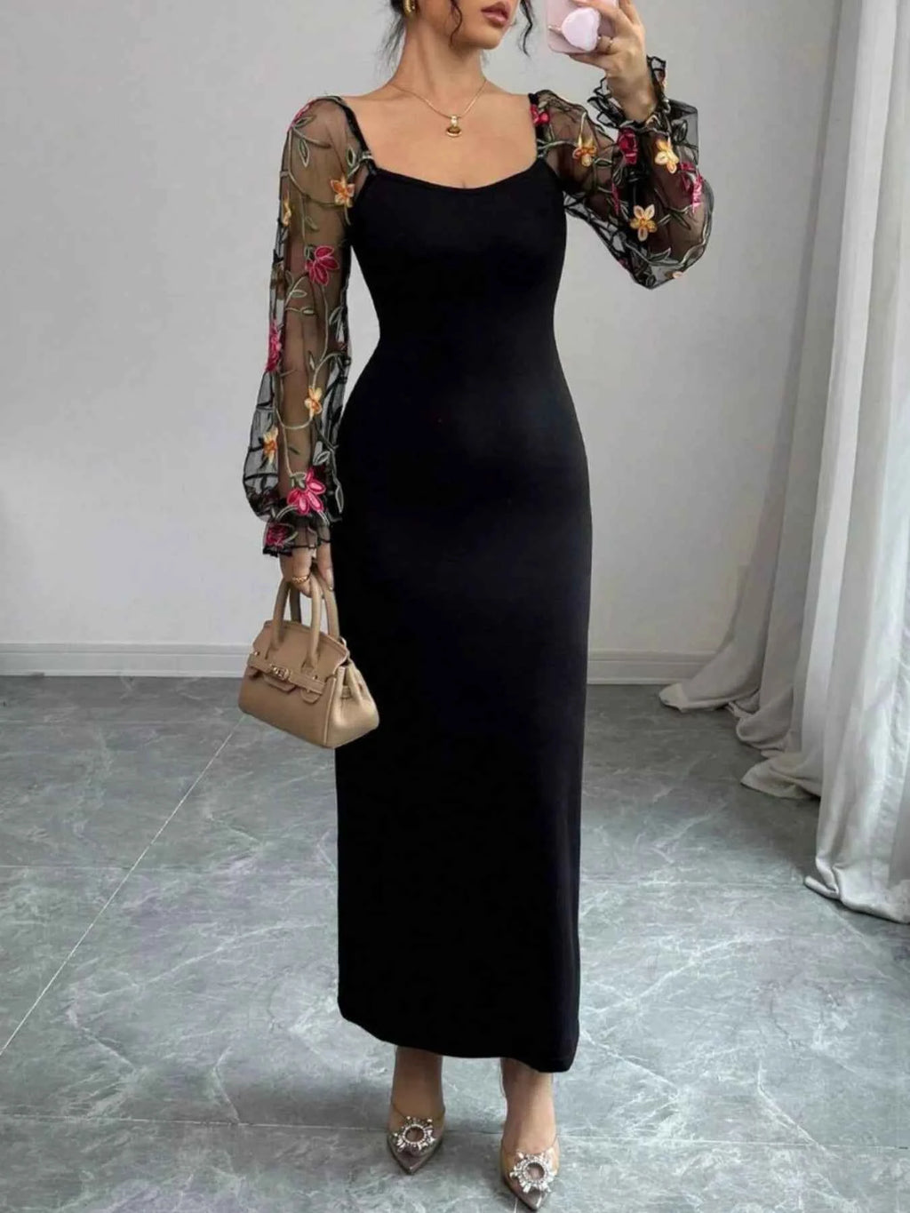 Sheer Floral Mesh Sleeves Bodycon Dress 78ca80a9-2e37-418b-a98d-21873d7b2289-Max-Origin
