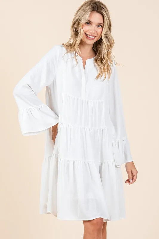 Mittoshop Tiered Notched Flare Sleeve Dress Ivory 78cc30d8-14e3-43d2-a5a3-1ab6acfd2e0b-Max