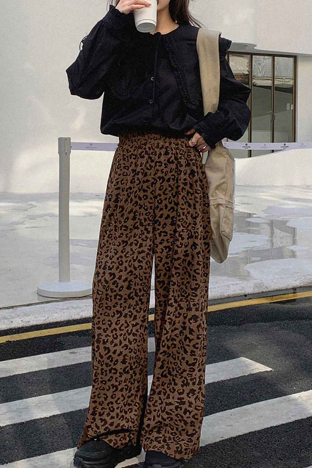 Dark Brown Leopard Print Elastic High Waist Loose Corduroy Pants 78cd3cc1fb5383f5