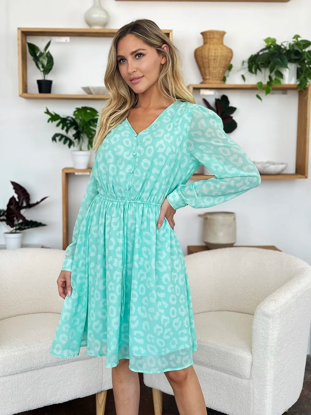 Double Take Full Size Printed Ruched V-Neck Long Sleeve Dress 78cd6283-558f-4cd1-94f1-127d61cad8cf-Max
