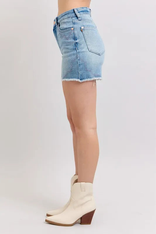 Judy Blue Full Size High Waist Western Embroidery Detail Cut Off Denim Shorts Plus Size 78d81e2c869e49cab45eec950d0ea701-Max-Origin
