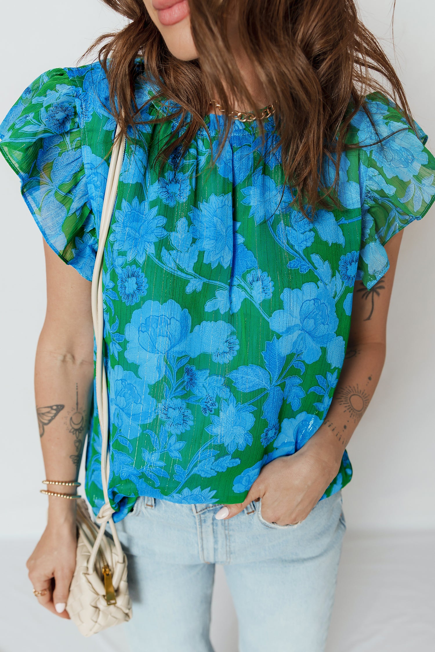 Green Floral Print Ruffled Sleeve Summer Blouse 78da96e0cad501b2