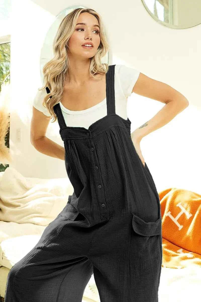 BiBi Gauze Buttoned Up Overall Jumpsuit with Pockets BLACK 78e8ce8b862544cc83793e357a52b92c-Max-Origin