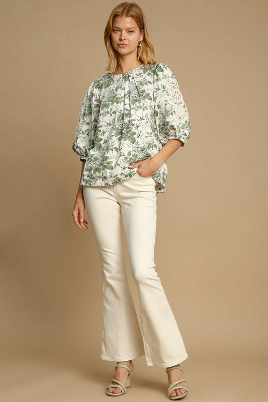 Floral Pleated Detail Lace Trim Sleeve Blouse 78ea3b12-38cf-486a-8de0-713c77a8723c-Max