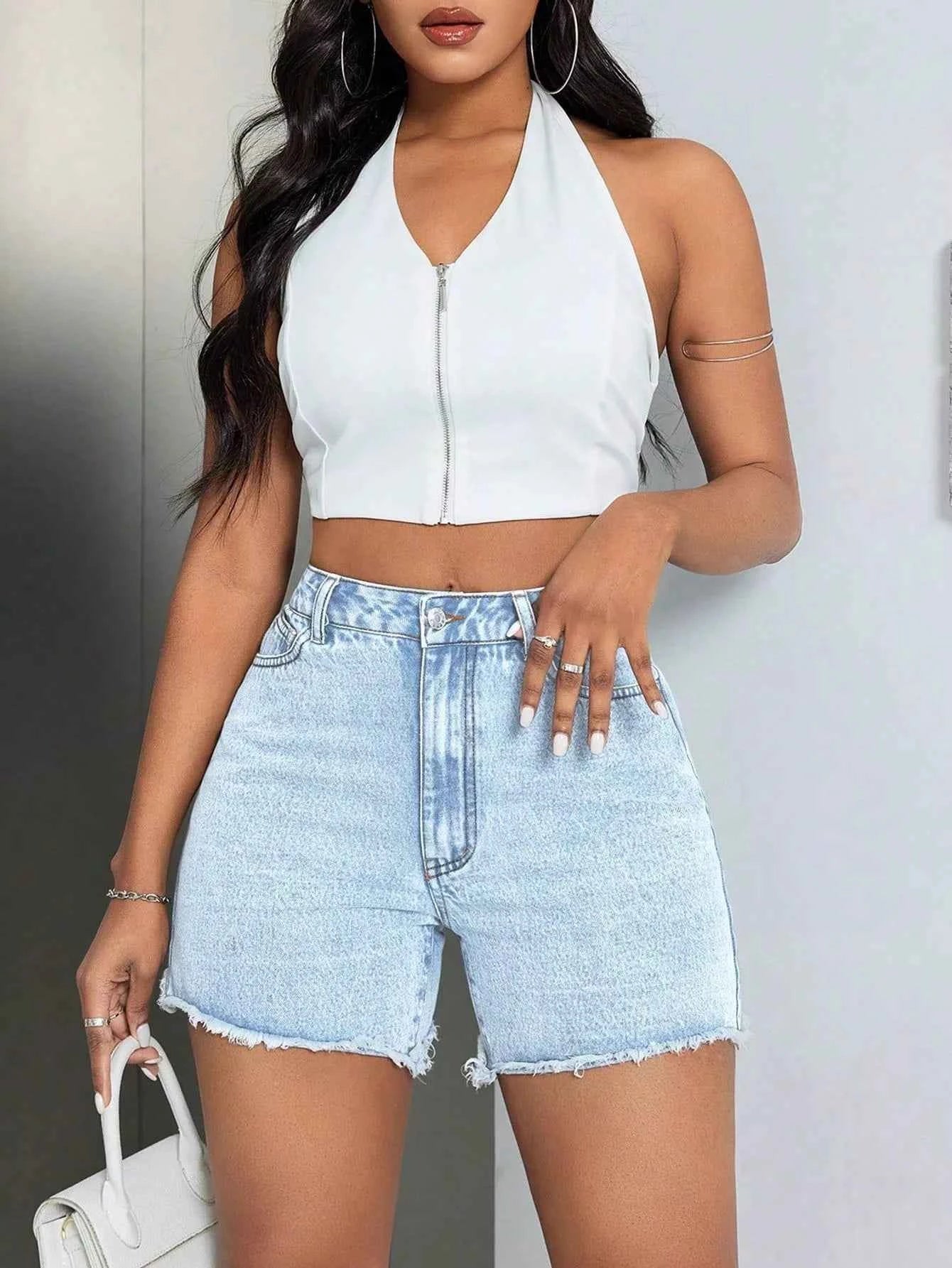High-Waisted Raw Hem Denim Shorts