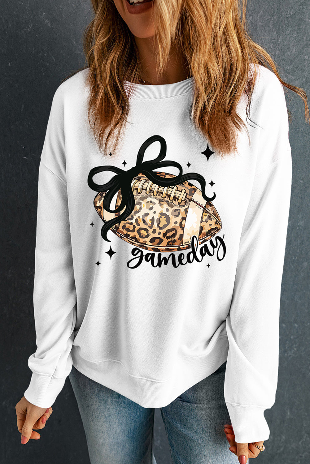 White Game Day Leopard Football Graphic Heat Transfer Printing Crew Neck Sweatshirt White 50%Polyester+50%Cotton 78fb9e08fc5aa4fb