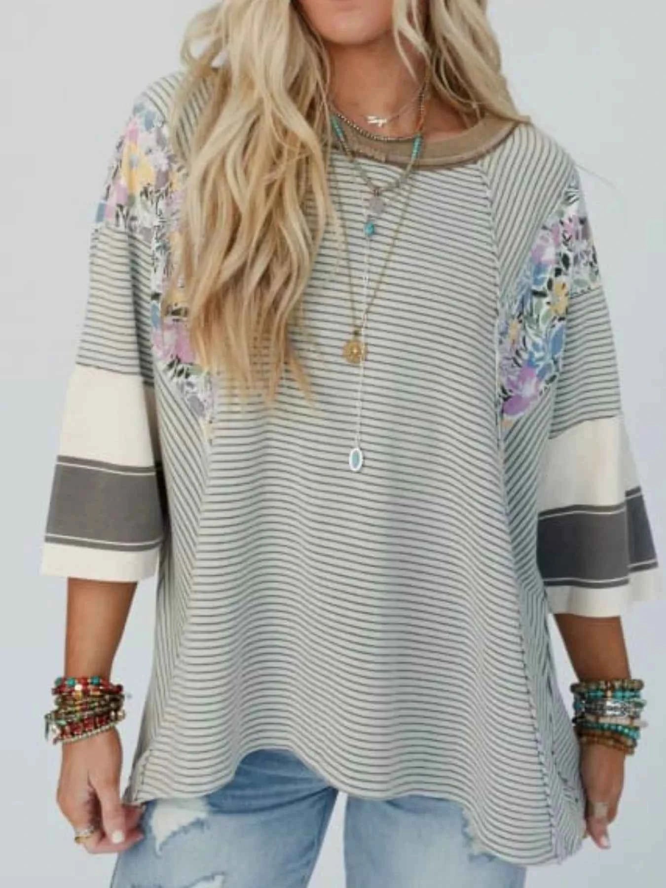 Striped Floral Long Sleeve T-Shirt Grey 78fdfc45-462e-4ba2-92c0-7cecfa1f3593-Max-Origin