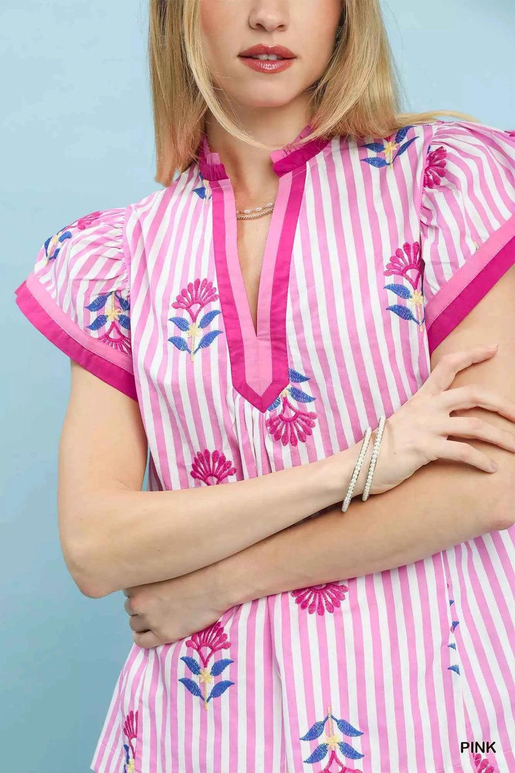 Umgee Embroidered Striped Flutter Sleeve Top 79004a81-403b-48f9-8c8c-b652b3059485-Max-Origin