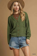 Umgee Chunky Cable Knit V-Neck Button-Up Cardigan Olive 79006069-667b-4684-93d6-6166dfc2f915-Max-Origin
