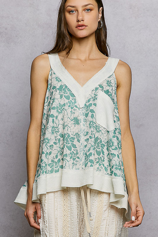 POL Floral V-Neck Tank with Front Pocket TEAL MULTI 7904ff0d-1c3d-4adc-9536-6df7d4a363ad-Max
