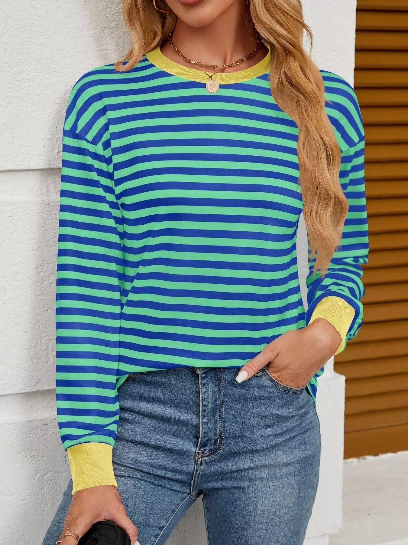 Striped Round Neck Long Sleeve T-Shirt Green 790705dd5fab48a1bc6d851539227389-Max-Origin