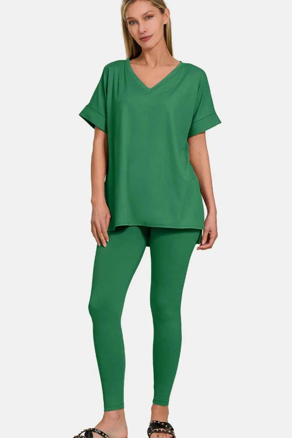 Zenana Full Size V-Neck Rolled Short Sleeve T-Shirt and Leggings Lounge Set 79088e2b-2a5d-49d3-bc9d-7c65427b86f5-Max