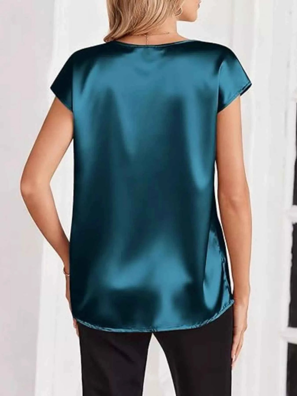Satin V-Neck Short Sleeve Blouse 790c2e23-4615-4406-b527-3c8474beb49e-Max-Origin