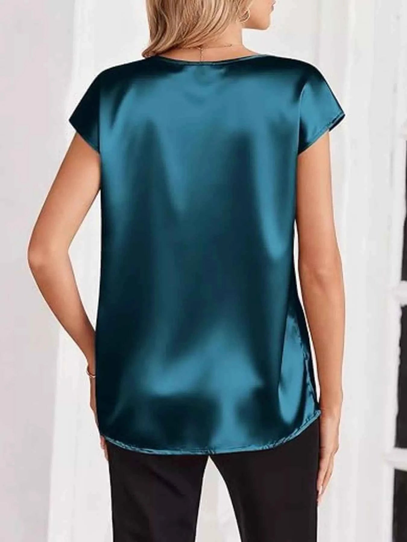 Satin V-Neck Short Sleeve Blouse 790c2e23-4615-4406-b527-3c8474beb49e-Max-Origin