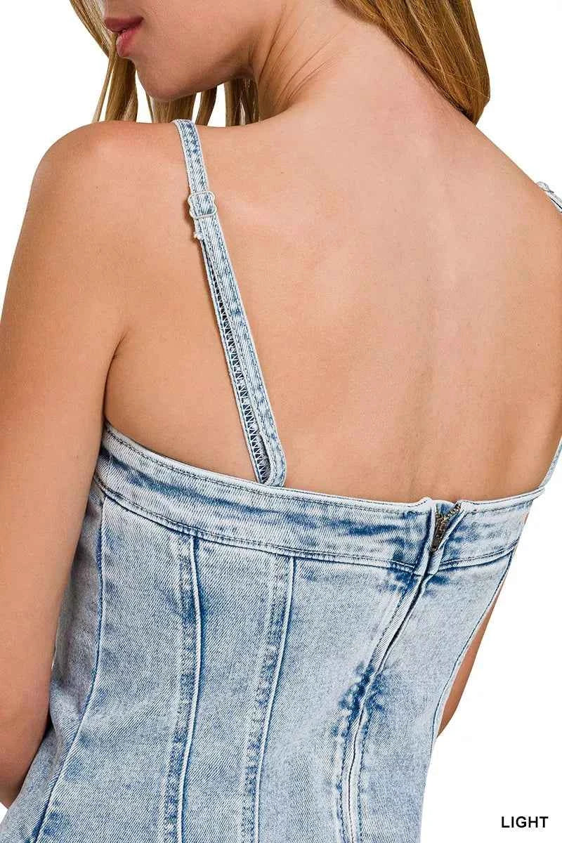 Zenana Spaghetti Strap Exposed Seam Light-Wash Dress 7913dfd95ebe4738b29c195b3cbf4139-Max-Origin