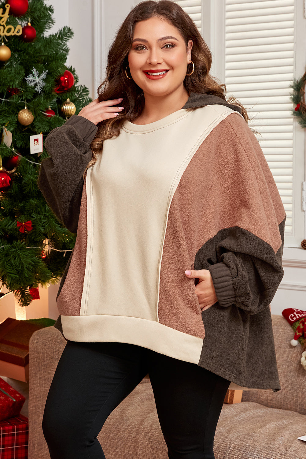 Brown Exposed Seam Colorblock Plus Size Hoodie 7913e798166504d5