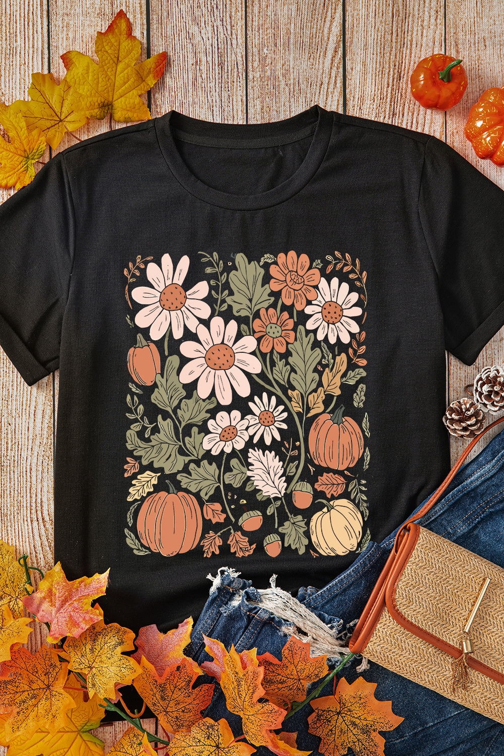 Black Wild Flower Pumpkin Heat Transfer Printing T Shirt 791918cf7ccb3f06