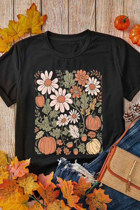 Black Wild Flower Pumpkin Heat Transfer Printing T Shirt 791918cf7ccb3f06