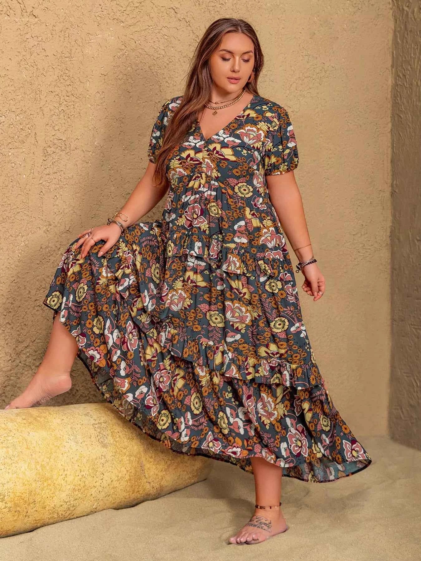 Plus Size V-Neck Short Sleeve Midi Dress 791944df-32eb-4561-9262-160fae14bed4-Max-Origin