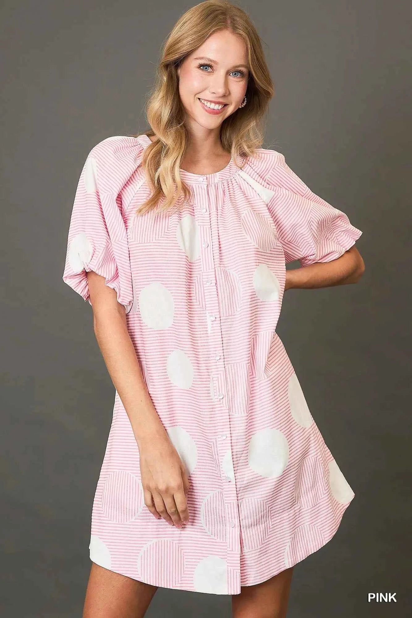 Umgee Stripe and Dot Print Button Down Puff Sleeve Mini Dress Pink 791a534f-1e4f-4835-a12a-89e8a5e2681c-Max-Origin