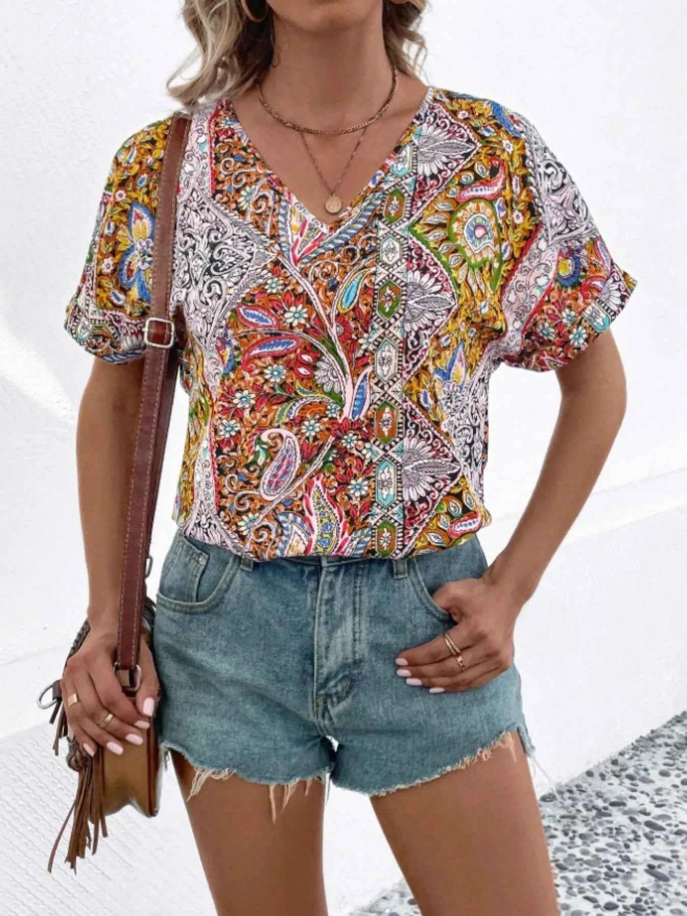 Bohemian Paisley Print V-Neck Short Sleeve T-Shirt