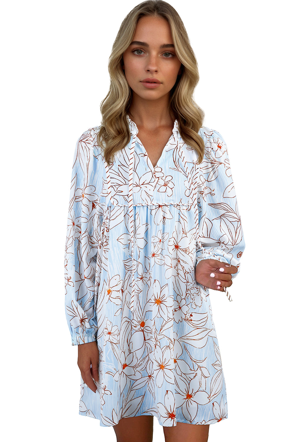 Brown Floral Print Tie Neck Long Sleeve Mini Dress Brown 100%Polyester 791ba51f2b215024
