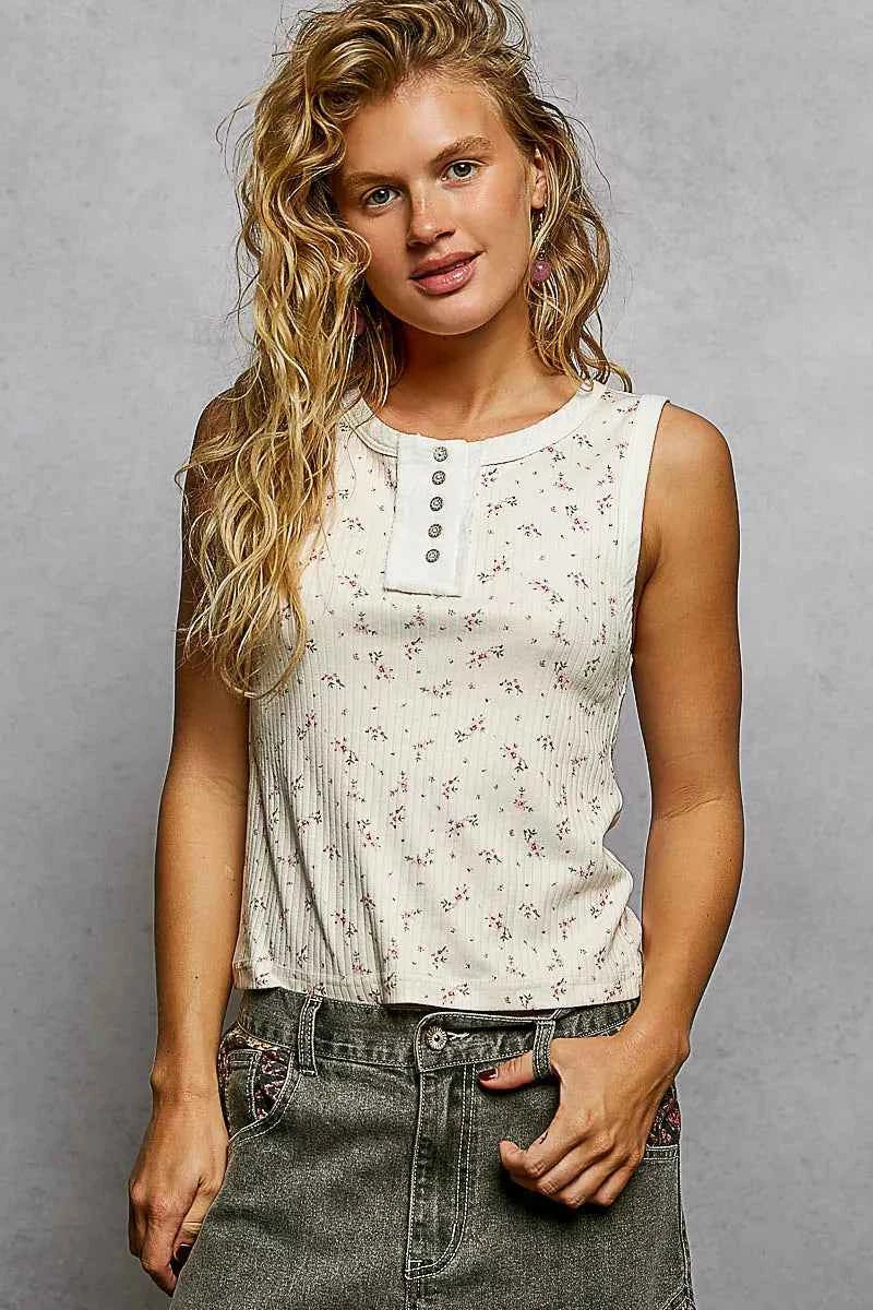 POL Vintage Floral Print Slim-Fit Knit Tank with Raw-Edge Details CREAM 792814db-ae12-4037-b7a7-689fdd9f6a84-Max-Origin