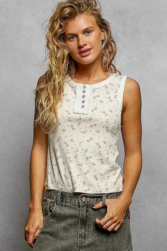 POL Vintage Floral Print Slim-Fit Knit Tank with Raw-Edge Details CREAM 792814db-ae12-4037-b7a7-689fdd9f6a84-Max-Origin