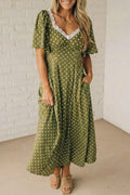 Green Polka Dot Print Lacy Neckline Smocked High Waist Maxi Dress Green 100%Viscose 7929c9901cb823a9