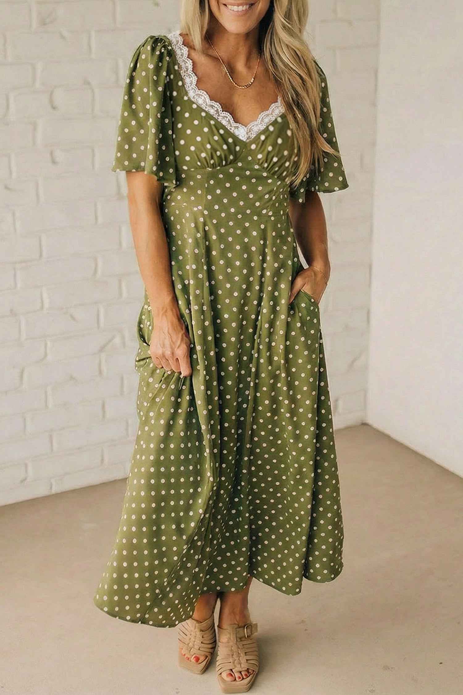 Green Polka Dot Print Lacy Neckline Smocked High Waist Maxi Dress Green 100%Viscose 7929c9901cb823a9