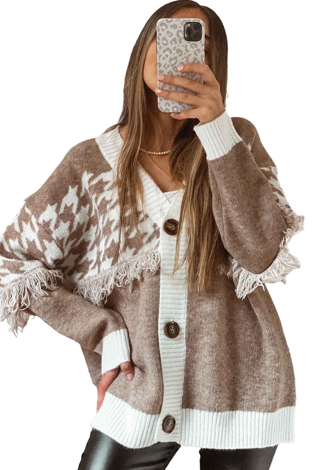 Khaki Houndstooth Colorblock V Neck Raw Edge Button Front Cardigan 79312c34ca9f70fa