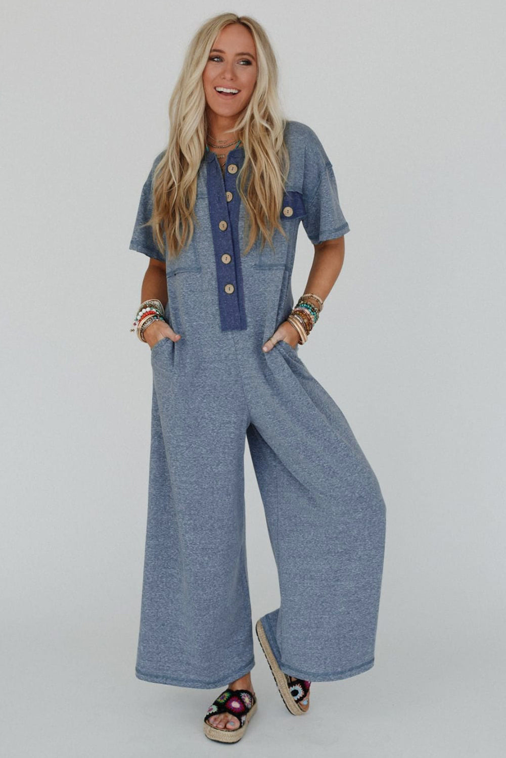 Beau Blue Patchwork Pocket Short Sleeve Jumpsuit 793290fc8b3d6361