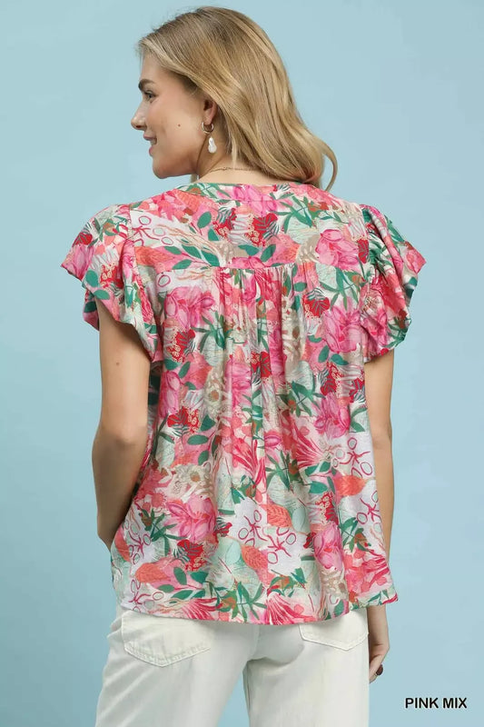 Mix Tropical Print Blouse with Ruffle Cap Sleeves 793415ed-7934-4872-b8fe-bfe2dafce8a0-Max-Origin