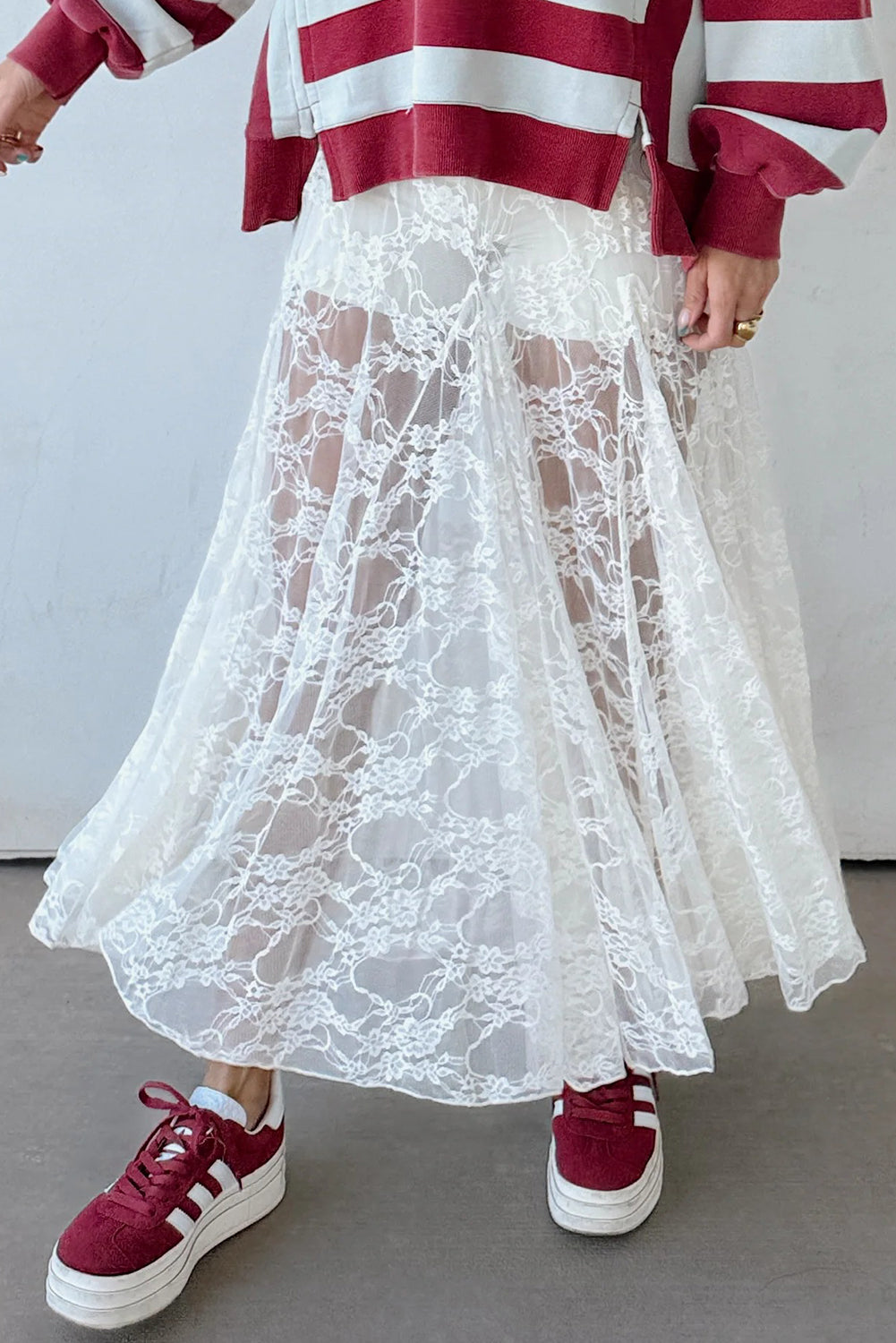 White Sheer Floral Lace Flowy Maxi Skirt 7934714052513d8a