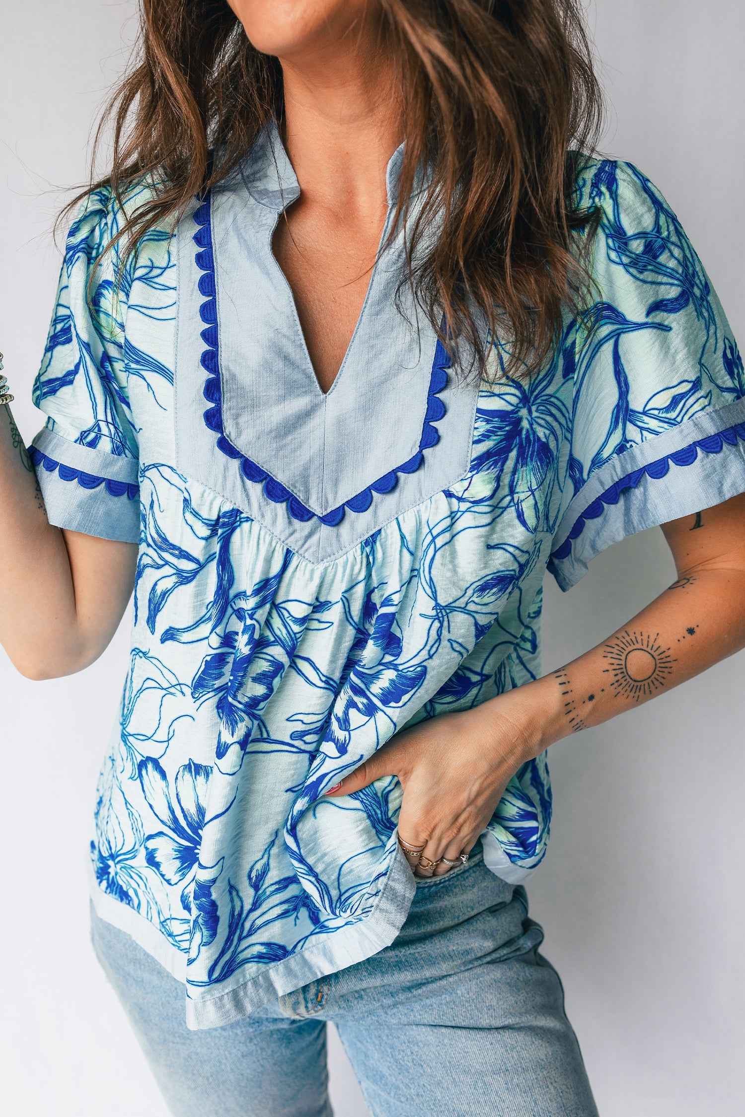 Sky Blue Ricrac Trim Slit V Neck Short Sleeve Floral Blouse Sky Blue 91%Viscose+9%Polyamide 79365902e3f43a6b