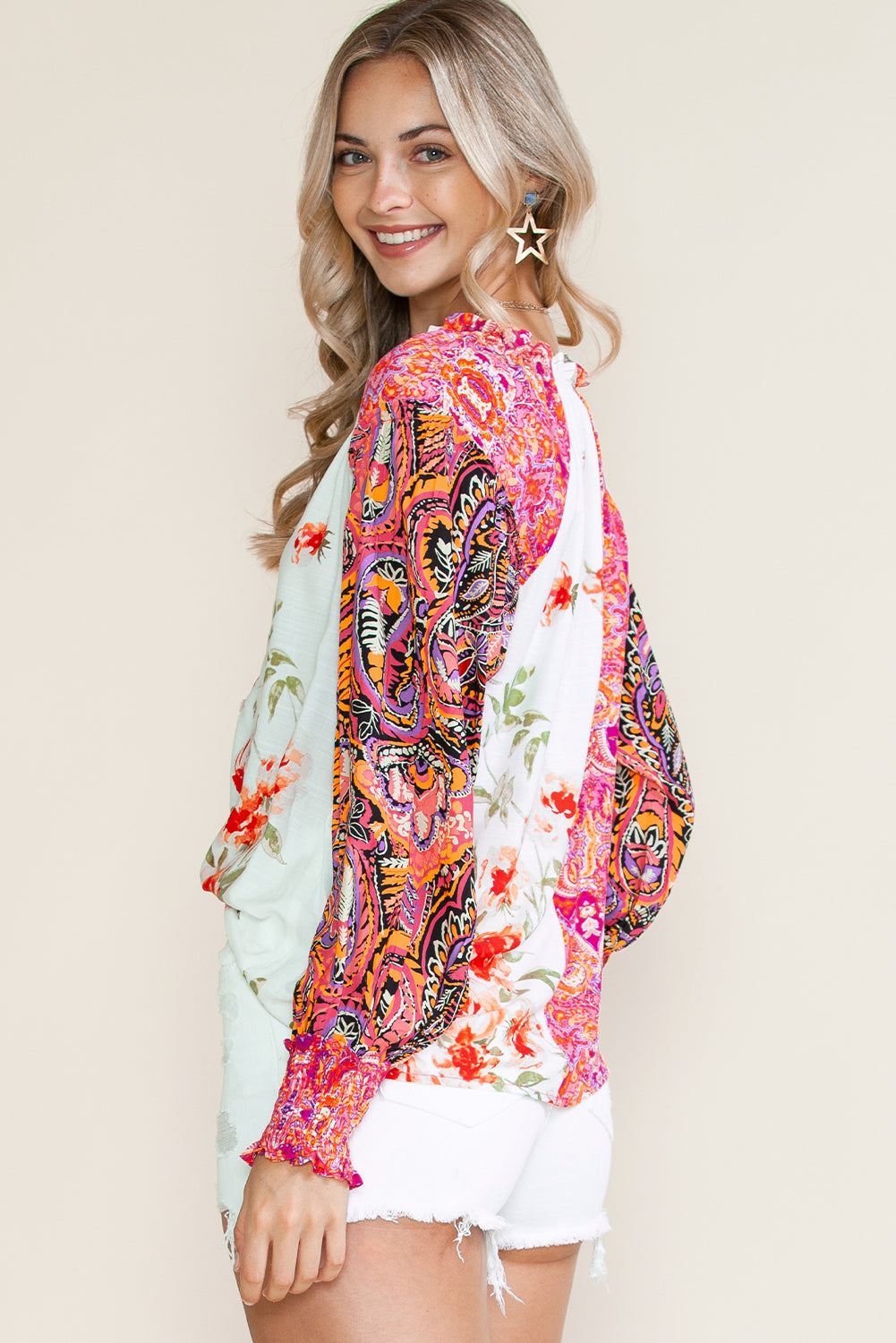 Multicolor Floral Patchwork Shirred Cuff Buttoned V Neck Blouse 7941d352f3bb4b7e