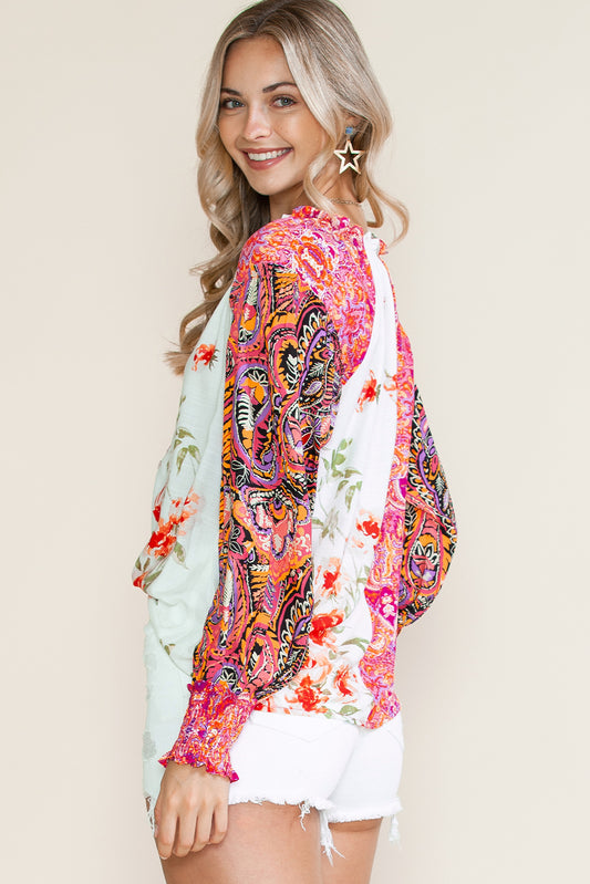 Multicolor Floral Patchwork Shirred Cuff Buttoned V Neck Blouse 7941d352f3bb4b7e