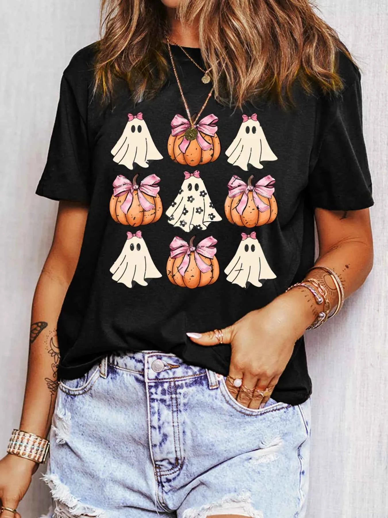 Halloween Bowknot Ghost Pumpkin Graphic T Shirt Black 7942c24a5d114d34b53bca41c69b317a-Max-Origin