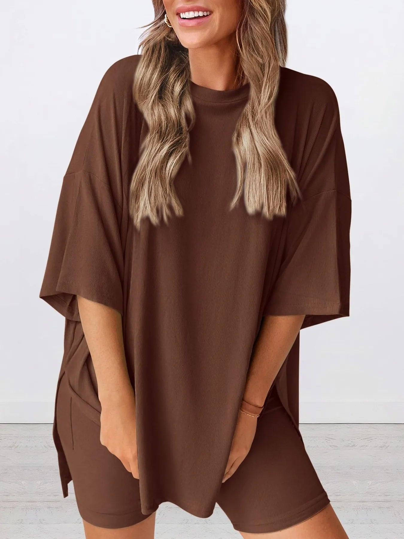 Full Size Oversized Round Neck Top and Shorts Set Plus Size Coffee Brown 79454b4497d046009bfef3bef8c23c9b-Max-Origin