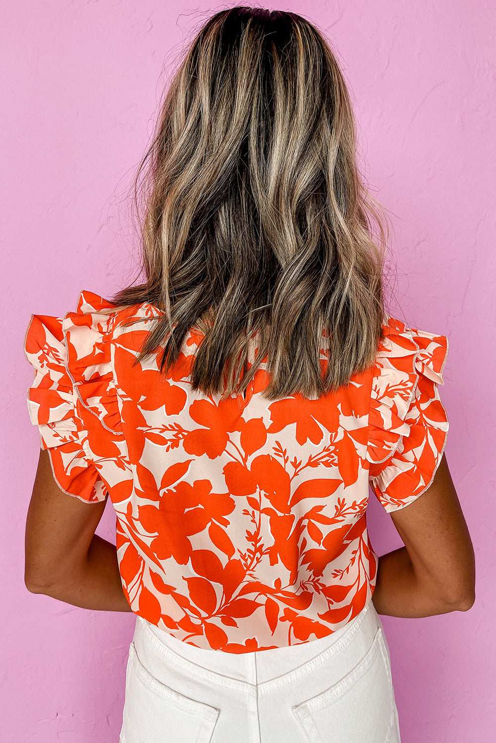Orange Floral Print Ruffle Sleeve V Neck Top 794c3c8266d9b094-_2