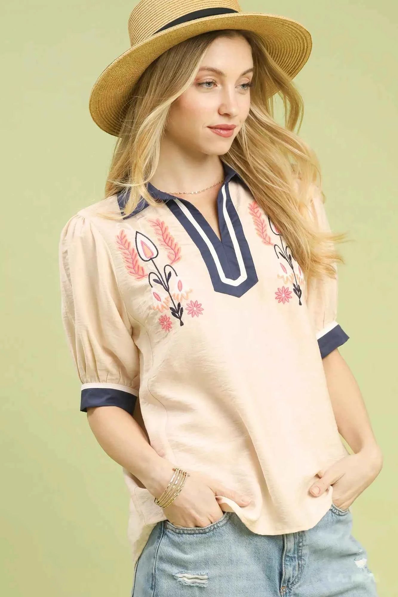 Umgee Embroidered Puff Sleeve Contrast Trim Top 79558e08-c927-4111-a8cc-334d92697b25-Max-Origin